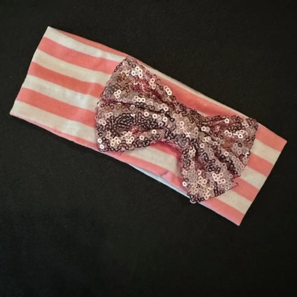 Pink Glitter Big Bow on Pink & White Stripe Headband  PNKSPWHB  Handmade NWT